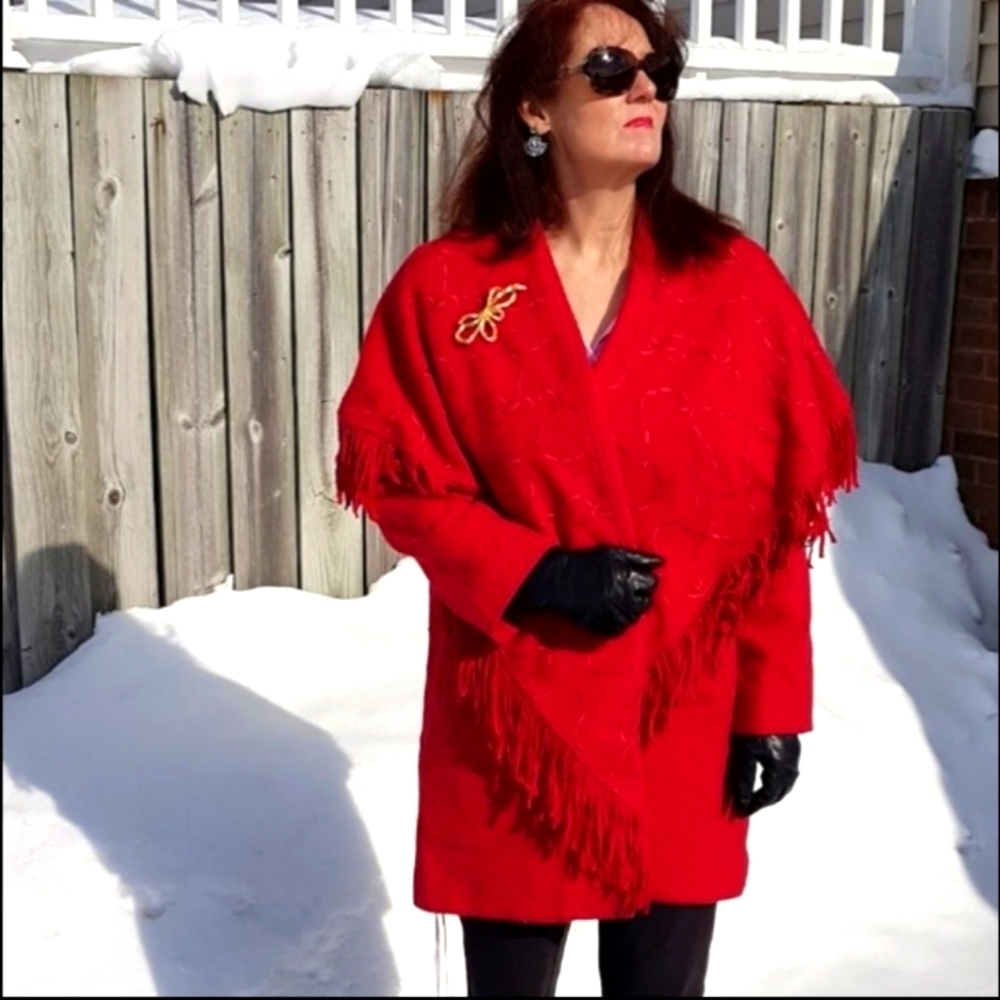 Vintage Red Wool Fringe Embroidered Pea Coat Western Bohemian Winter